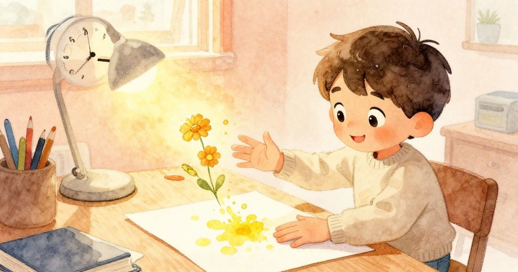 小亞歷克斯用手掌印在紙上，隨著時間推移，黃色痕跡逐漸變化為盛開的花朵，溫暖室內光影記錄創作奇蹟。