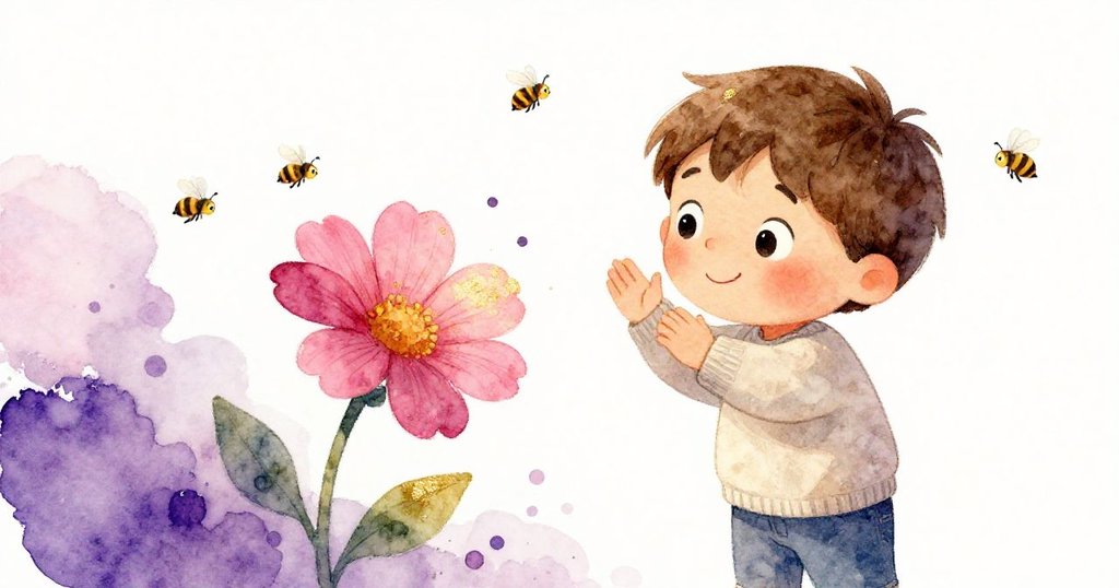 小亞歷克斯凝神注視著紙上逐漸變成活潑蜜蜂的花朵，臉上滿是專注與喜悅，創作場景充滿魔幻動感。