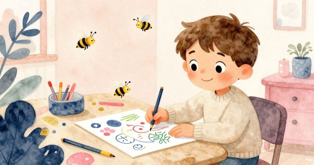 小亞歷克斯欣慰地看著充滿趣味圖案與蜜蜂的紙張，站在溫馨桌前展望新創作旅程，整個房間洋溢著柔和燈光與歡樂氣氛。