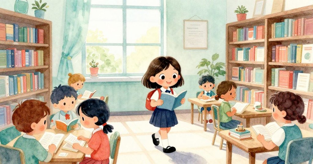 Lena走進充滿其他讀書孩子的明亮圖書館，臉上流露好奇與期待，展開冒險旅程的開端。