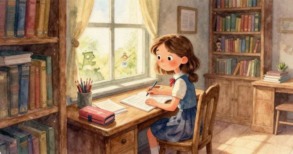 小老鼠從低角度觀察圖書館內紙張在椅子間飄浮，充滿驚奇與神秘，展現細膩故事情節。