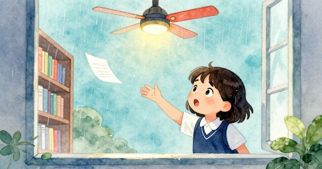 窗外雨滴輕敲玻璃，溫暖氣流送動紙片，Lena驚訝望向飄舞的紙頁，預示著新轉折的開始。