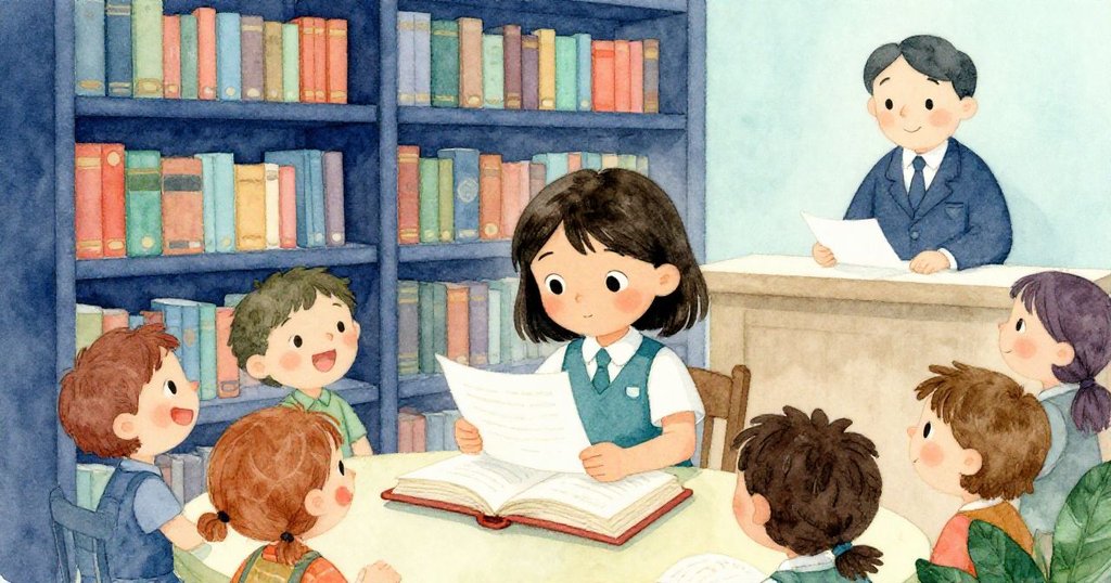 Lena在童話書中撿起紙張，臉上燦爛笑容，周圍孩子和圖書館員共享歡樂，慶祝奇遇成功。