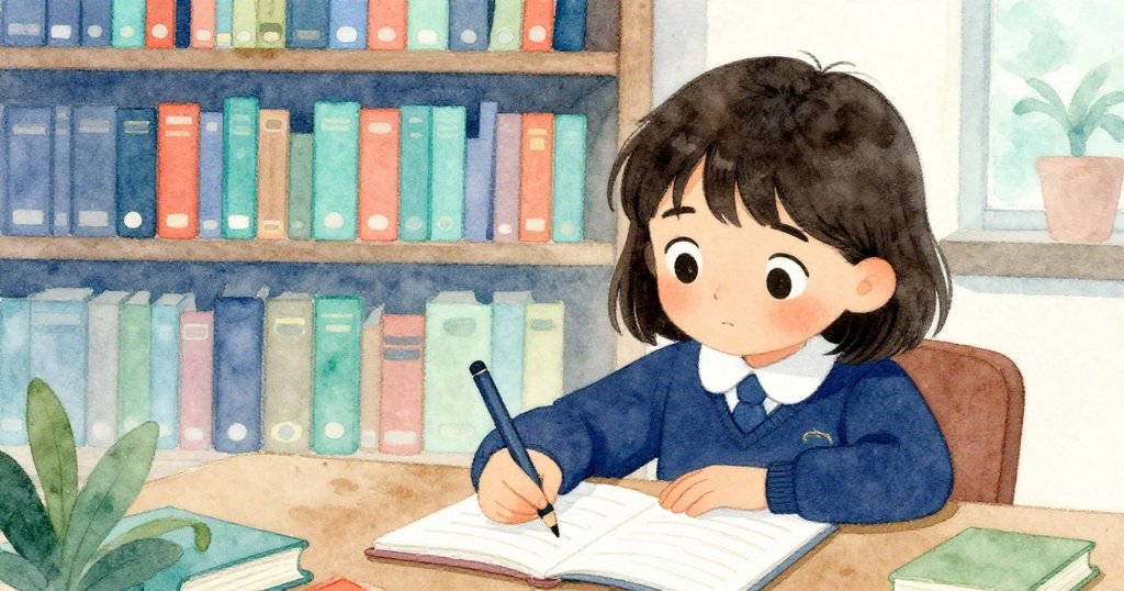 Lena在桌前認真完成作業，滿意地將書本輕放在紙上，展現勤奮所換來的知識與未來探險的希望。