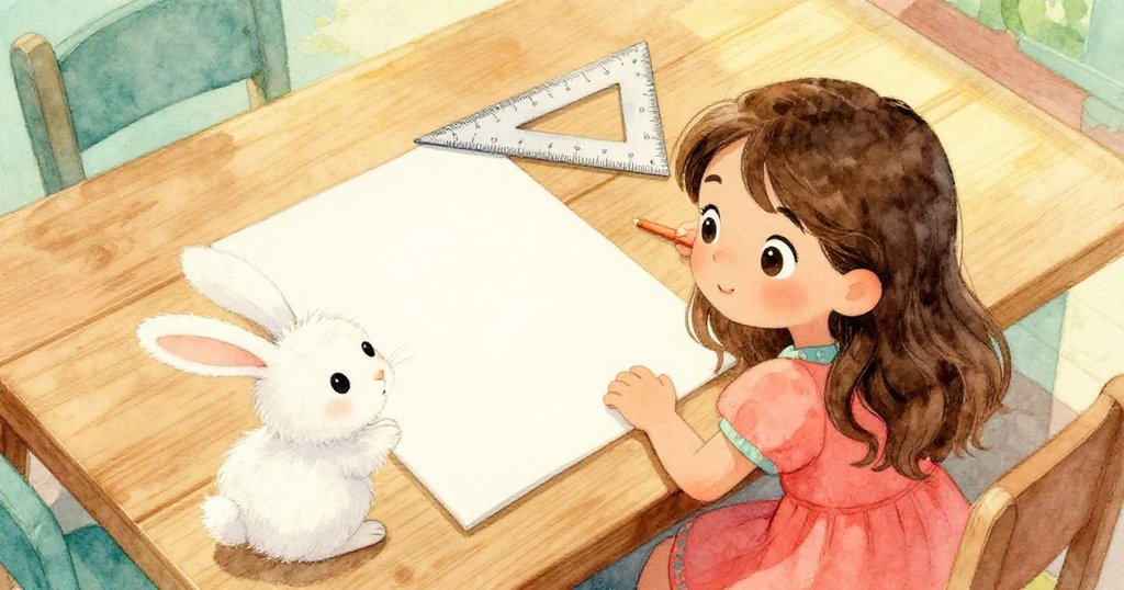 莉莉坐在溫馨的家中桌前，兔子在旁好奇探查，透過上方視角呈現凈白紙張與三角板，神情專注且愉快。