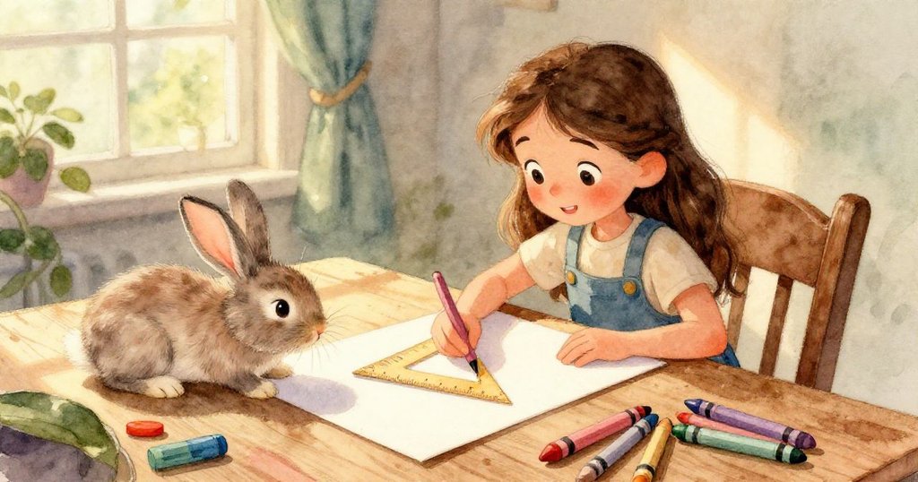 莉莉的手輕觸著精緻三角板，近距離呈現木椅紋理及明亮粉彩筆，展現溫暖家居藝術細節。