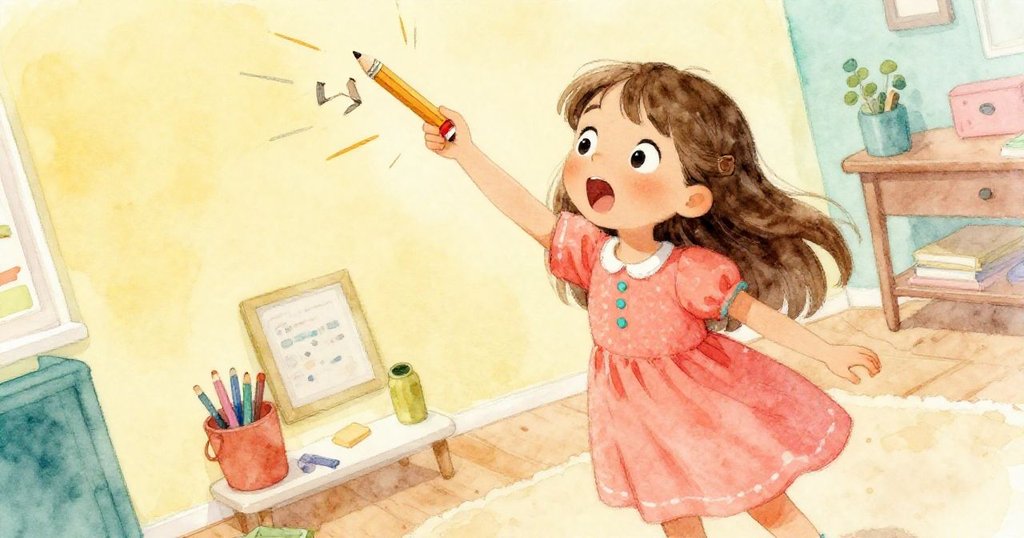 莉莉以傾斜視角拿起鉛筆，瞬間鉛芯斷裂，她驚訝地張大眼睛，展現創作中意外情緒。