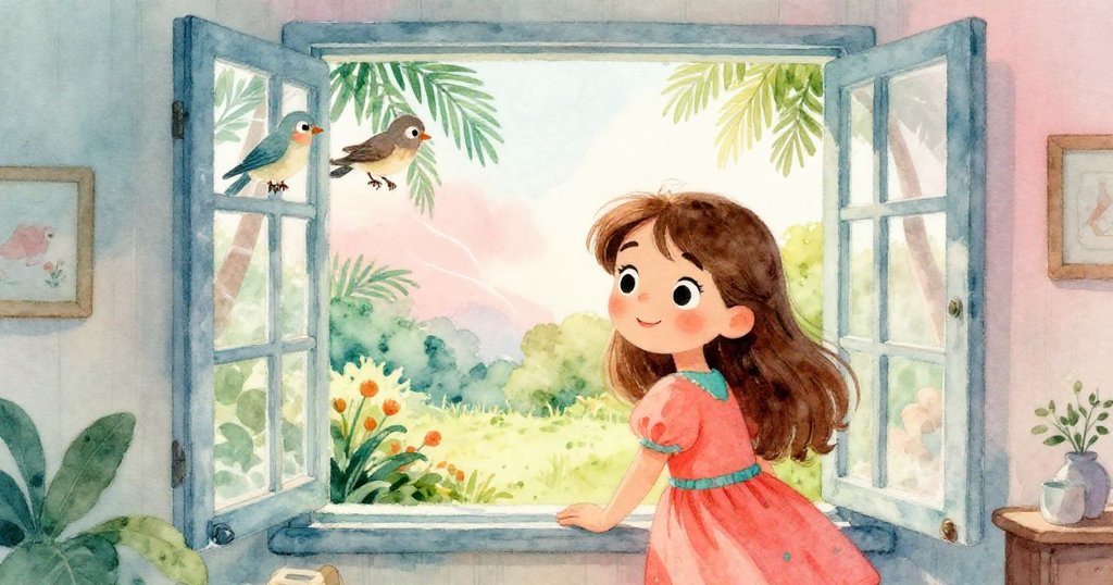 莉莉望向開放窗外，鳥兒靜坐樹枝上，微風輕拂，室內外融合呈現自然與創作互動。