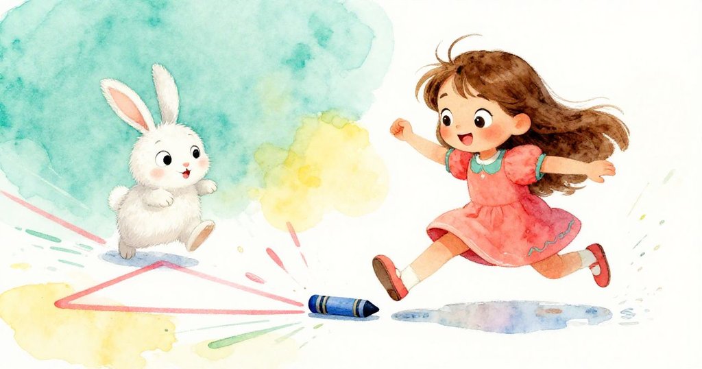 兔子一躍踢起藍色蠟筆，迅速滾過紙面形成線條，莉莉驚喜注視，動感中展現創作意外。