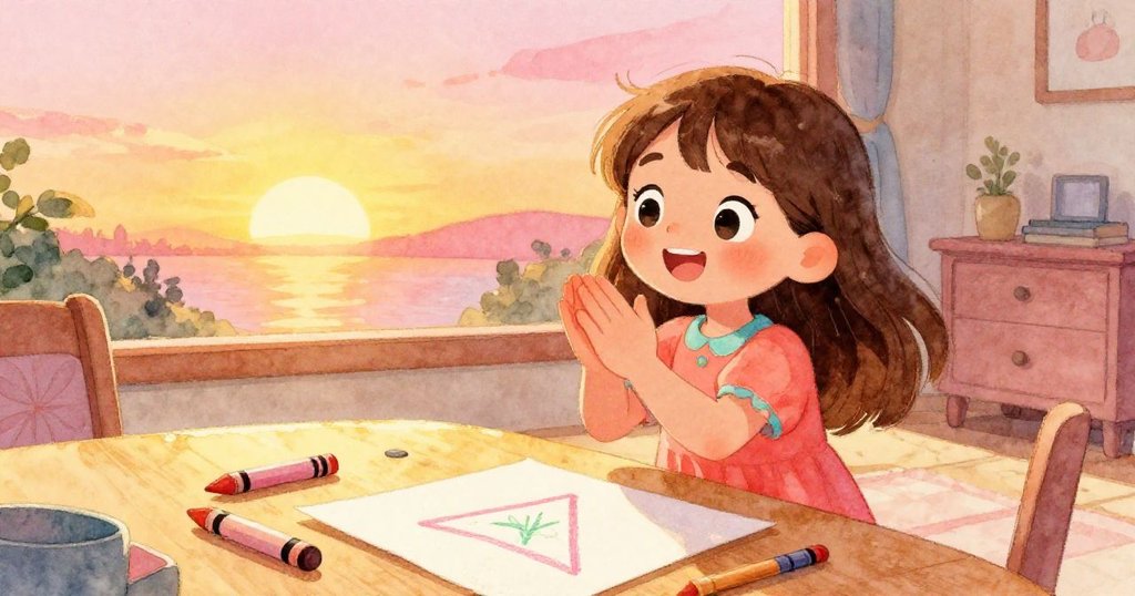 夕陽餘暉中，莉莉快樂地拍手微笑，欣賞著桌上藍蠟筆意外繪就的三角形，溫馨創作結局。