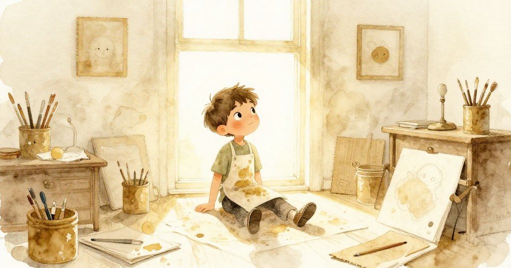 米洛在午餐後的藝術教室中剪影出現,窗外金色光芒映照著作品和孩子們忙碌的身影,溫暖而充滿創意。