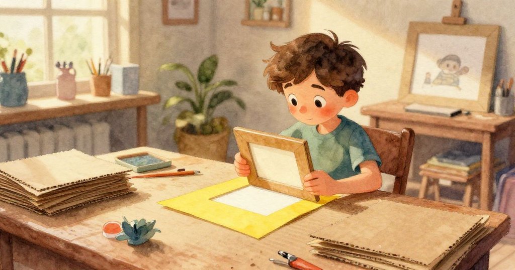 米洛近距離專注地用鉛筆畫出精細線條,明黃色紙張和剪刀一旁閃耀,臉上流露出專注與驚喜。