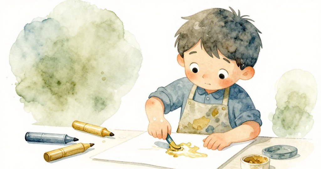 低角度展現米洛在畫框製作中輕塗膠水,膠水滴落袖上,周圍工具有序散布,帶著溫暖成就感。