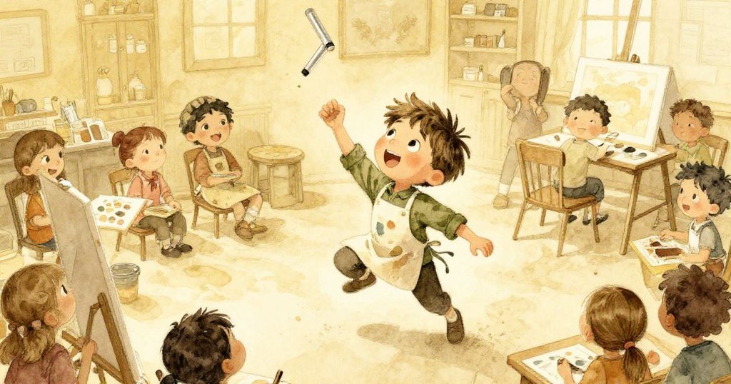 從高處俯瞰藝術教室,米洛追逐滑動的彩色麥克筆,孩子們動作活潑,整個房間洋溢著創意與熱情。