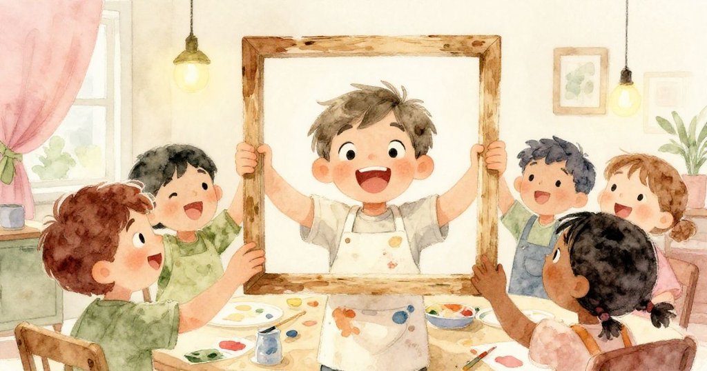 米洛與同學圍觀完成的畫框,大家微笑慶祝創作成功,藝術教室內充滿歡樂氣氛與互動溫情。