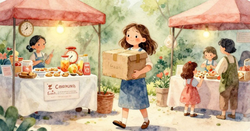 莉雅細心地調整紙箱蓋，展示出紙箱上餅乾糖霜的紋理與碎屑，細膩的質感呈現出溫暖氣氛。