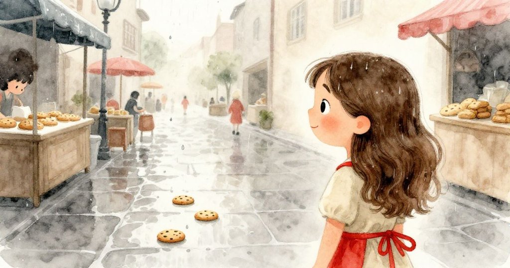 從莉雅的肩後視角展示她快速走在閃亮石路上，雨滴灑下並帶起零散餅乾，充滿緊張與動感。