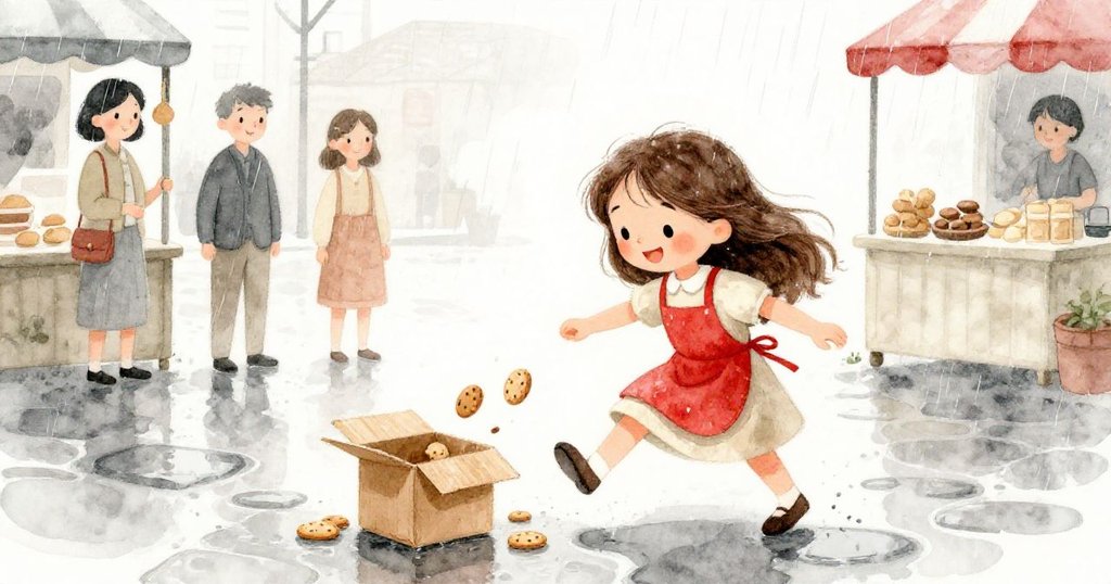 雨勢漸急中，莉雅一隻鞋滑脫;紙箱翻倒餅乾散落在濕潤的石路上，周圍鄰居默默旁讓，場面動感十足。