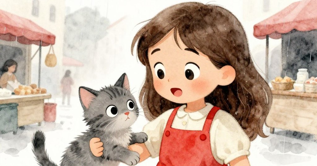 在混亂中，莉雅發現一隻濕漉漉、灰色的小貓，牠大大的眼睛充滿驚喜，莉雅則流露出溫柔喜悅。