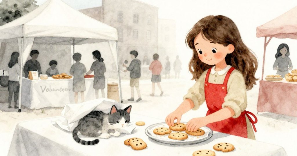 雨後寧靜中，莉雅在社區桌前整齊擺放餅乾，小貓舒適地蜷縮在暖心的餐巾下，鄰居默默支持，場面溫馨安寧。