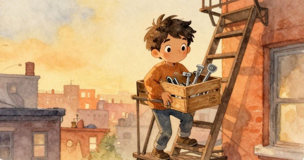 梅森攜帶著木箱攀爬狹窄樓梯，黃昏光線下他充滿決心，背景是安靜的城市屋頂。