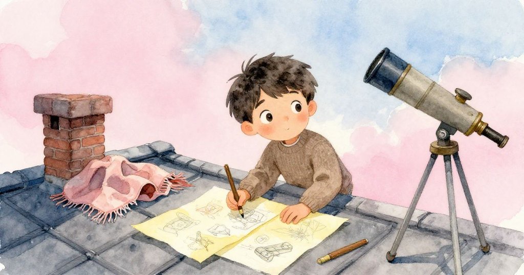 梅森從自己的視角觀察屋頂，擺著星圖和手繪草圖，眉宇間流露著創造與期待之情。