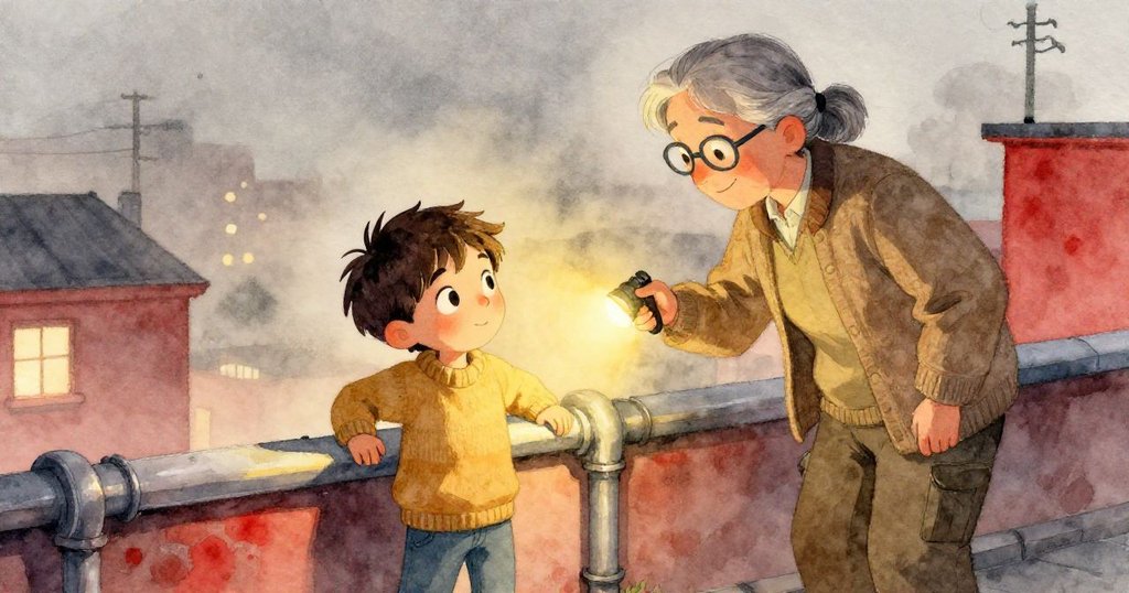 梅森與里維拉夫人在屋頂上合作，梅森修補管道，里維拉夫人用手電筒照亮，薄霧中夾帶溫暖與支持。