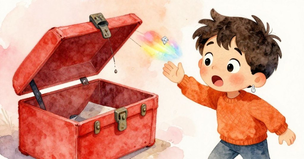 梅森驚喜地看著工具箱蓋打開，生鏽的銷子落下，他發現耳環折射出彩虹光，充滿活力。