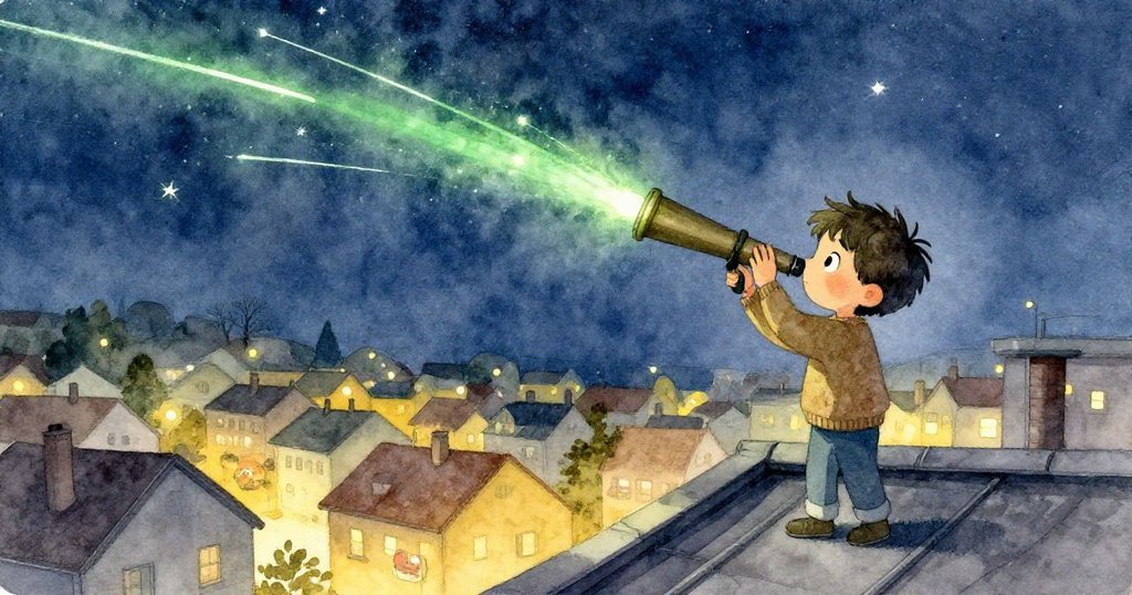梅森在夜空下調整自製望遠鏡，綠色流星劃過星空，遠處小區安靜入睡，洋溢著魔幻與寧靜。