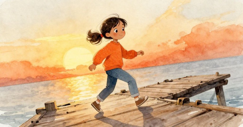 瑪雅傍晚踏上長滿青苔的木棧道，手持筆記本和鉛筆，臉上流露出既期待又好奇的神情。