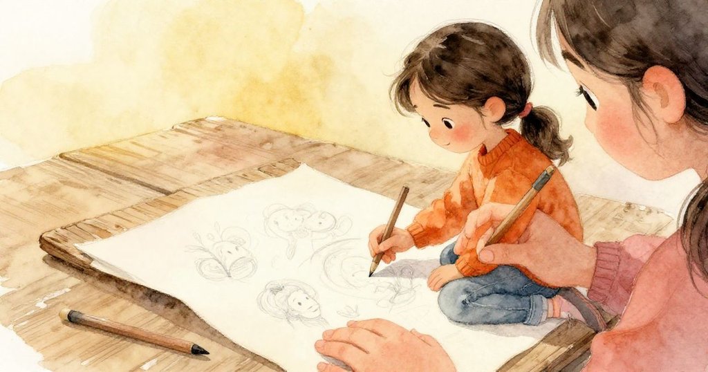 瑪雅坐在搖晃的木板上，翻開筆記本認真作畫，手指輕觸紙面，細膩呈現溫柔光線的夕陽餘暉。