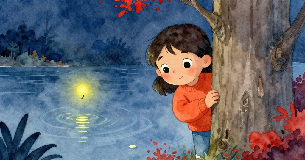 瑪雅從斑駁木柱後探頭觀看水面上閃爍的微光，眼神饒有興趣，神情中透出好奇與期盼。