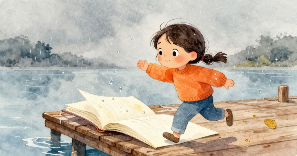 瑪雅在微風吹動下緊握筆記本，雨滴灑落於紙上，她調整坐姿，臉上流露出專注與小小的困擾。