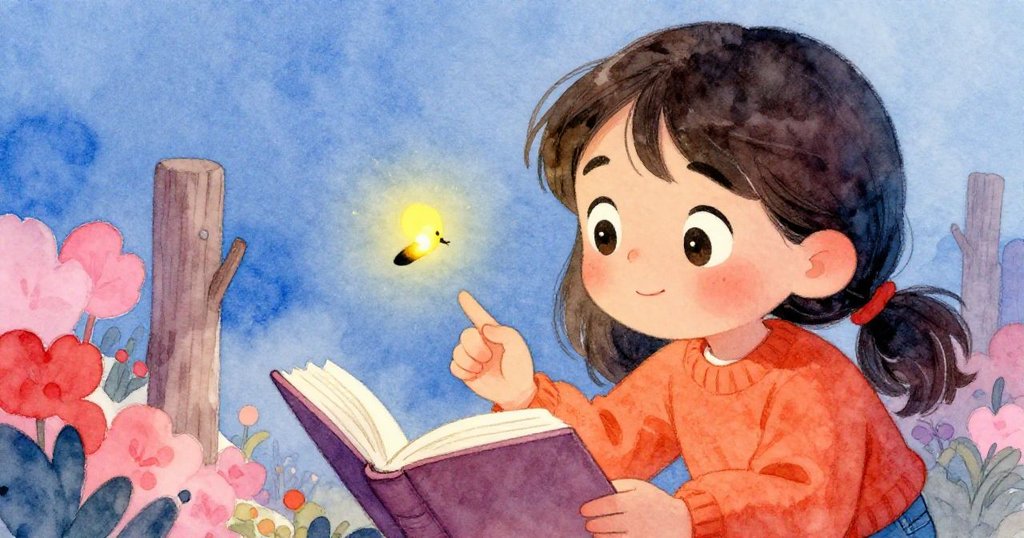 瑪雅發現閃爍的螢火蟲與遠處木柱節奏相符，臉上驚喜神情洋溢，手中筆記本映出隱藏地圖輪廓。