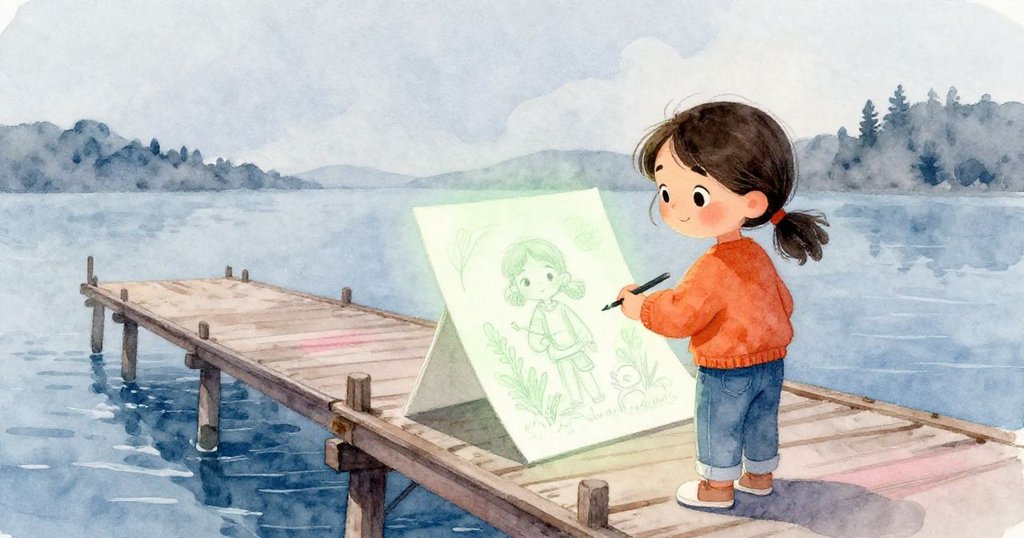 瑪雅滿意地注視著完成的筆記本素描，上方螢火蟲散發柔綠光芒，整個棧道映出藝術與自然的融合與和諧。