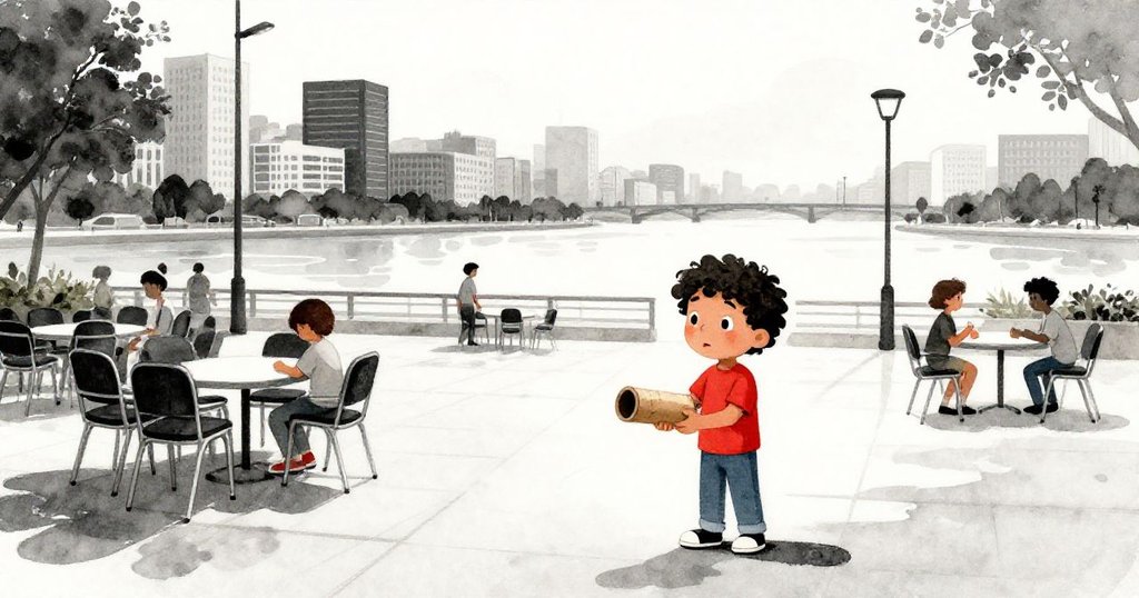 馬特奧在河畔廣場上走動,手持紙板筒,背景中志工忙碌堆疊桌椅,呈現溫暖告別場景。