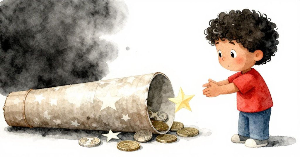 馬特奧的手輕握紙板筒,內部隱現錢幣與紙星輕輕晃動,細緻展現珍藏回憶。