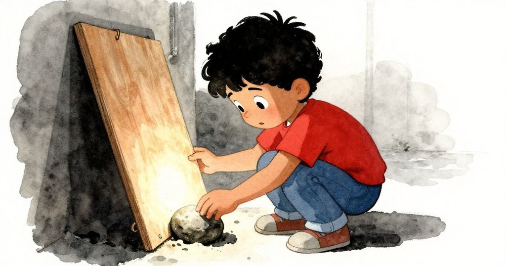 馬特奧蹲低身子,小心推動摺疊板以釋放藏在其中的小石子,神情專注且堅定。