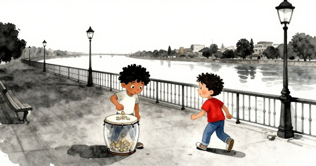 馬特奧微笑著將錢幣投入透明鼓後走向河畔,街燈倒映在水面上,呈現一派平靜結局。