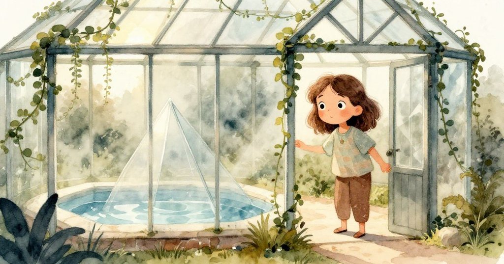 Cora走進玻璃溫室，柔霧與藤蔓環繞，玻璃金字塔隱約映入眼簾，表情充滿驚奇與期待