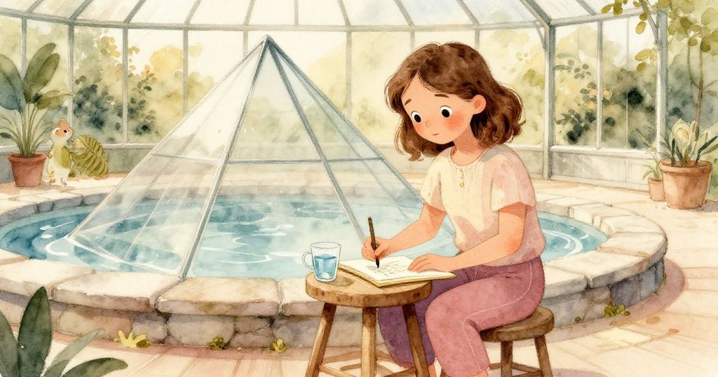 Cora在溫室中細心佈置畫具，展開畫本並輕置水杯於石緣，環境光影柔和充滿期待