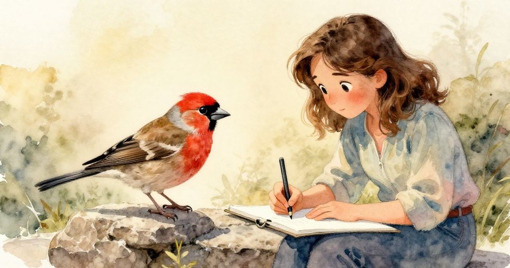 Cora聚精會神地描繪紅胸鳩，低角度展現其活潑動作與石緣細節，情感專注充滿活力