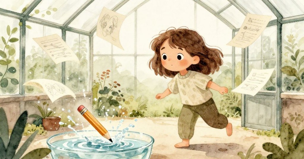 微風吹動Cora畫本頁飛舞，水花濺起，意外跌下的畫筆落入玻璃池中，現場充滿瞬間緊張與動感