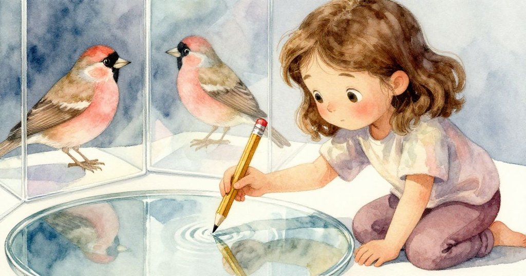 Cora跪於池邊撿取濕滑畫筆，透過反射見到平靜鳩兒，細緻場景展示內心細膩的探索