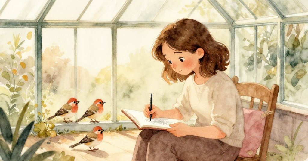 Cora滿足地完成畫作，兩隻鳩兒靜靜相伴，陽光灑落乾透畫頁，場景回環展現寧靜溫馨結局