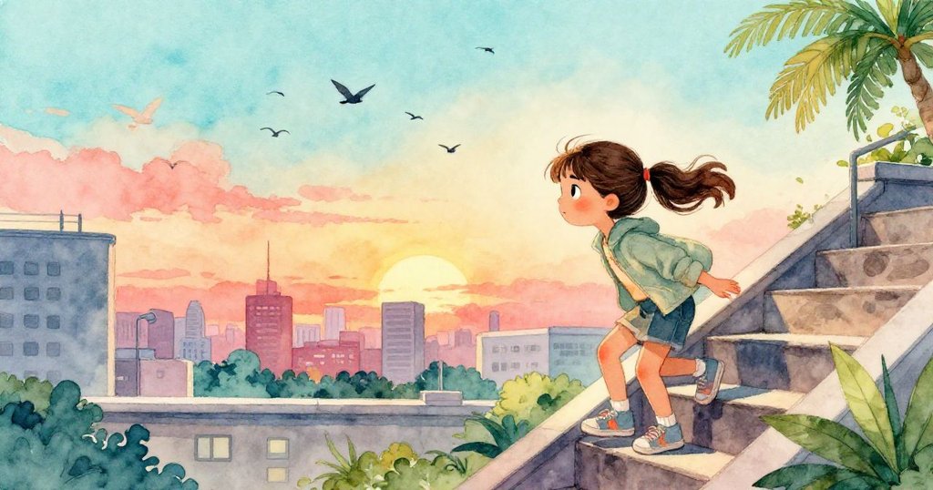 Mila在城市屋頂攀登階梯，背景夕陽輝映，小鳥群飛舞，她露出期待與興奮的表情，充滿活力。