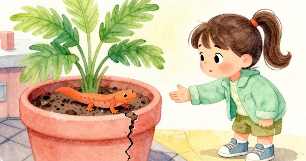 Mila在屋頂邊緣蹲下，細看裂縫花盆中爬出的橙尾小蝾螈，神情驚喜又溫柔，細節精緻。