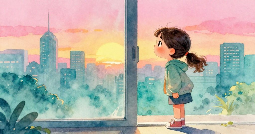 Mila透過露台玻璃凝望遠方落日與城市天際線，眼中充滿夢幻期待與驚奇，場景溫暖柔和。