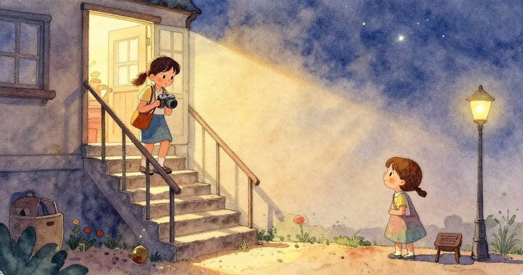 Mila在露台石板上觀察相機螢幕反射出的水波狀光紋，環境神秘且夢幻，光影交錯，意境深遠。