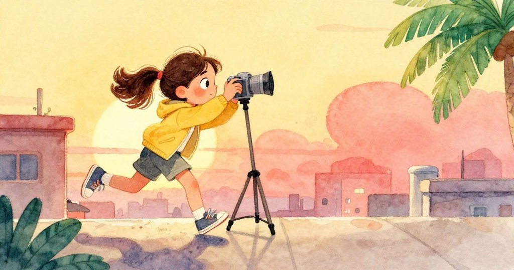 Mila在屋頂與搖晃的三腳架互動，迅速用夾克加權穩定設備，臉上流露出專注與決心，捕捉美妙瞬間。